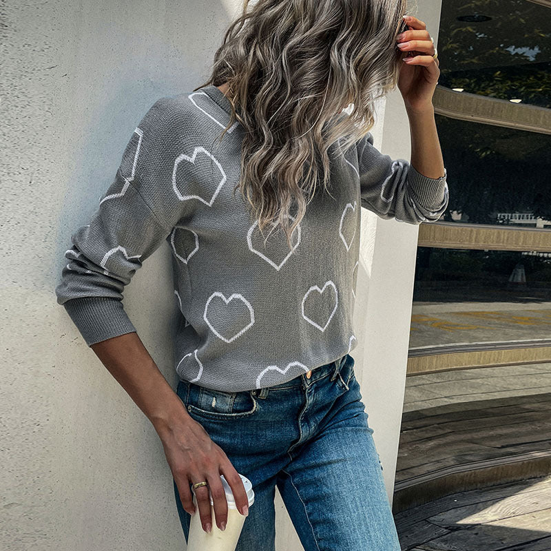 Heart Jacquard Loose Knit Sweater with Crewneck