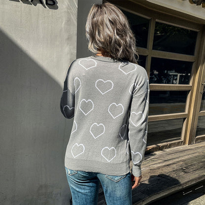 Heart Jacquard Loose Knit Sweater with Crewneck