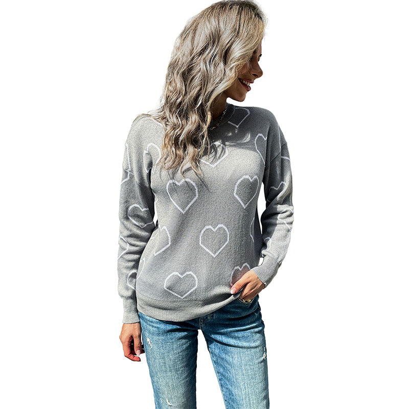 Heart Jacquard Loose Knit Sweater with Crewneck