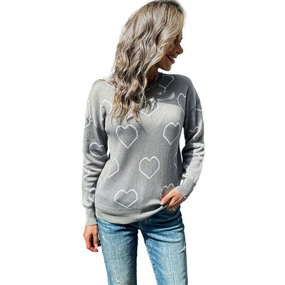 Heart Jacquard Loose Knit Sweater with Crewneck
