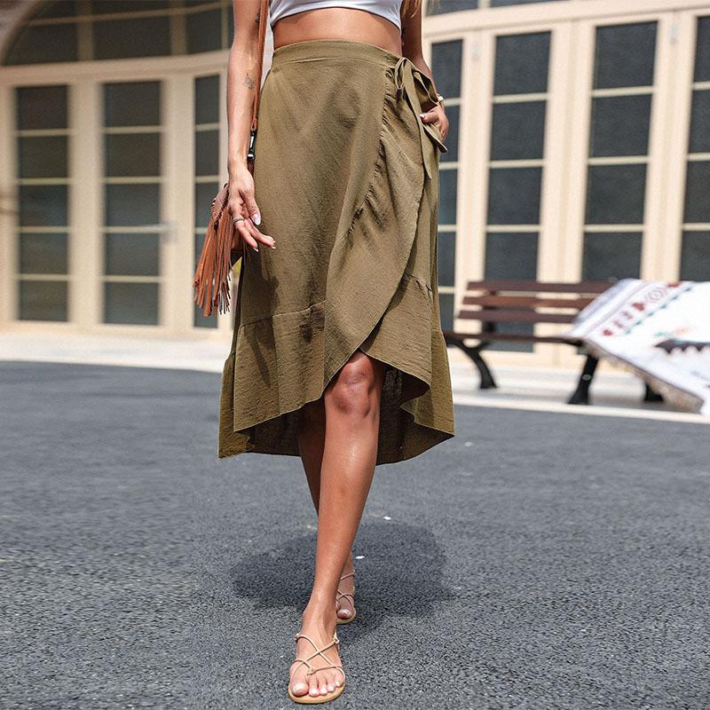 Asymmetrical Wrap Midi Skirt with Ruffled Hem