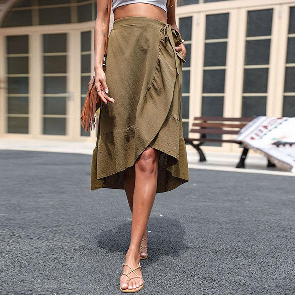 Asymmetrical Wrap Midi Skirt with Ruffled Hem