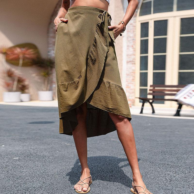Asymmetrical Wrap Midi Skirt with Ruffled Hem