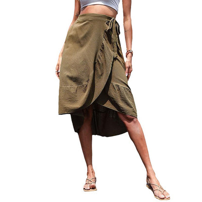 Asymmetrical Wrap Midi Skirt with Ruffled Hem