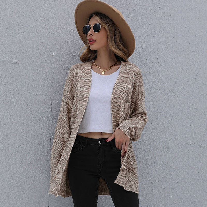 Mid-Length Striped Knit Cardigan with Open Front