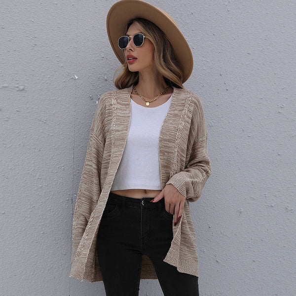 Mid-Length Striped Knit Cardigan with Open Front