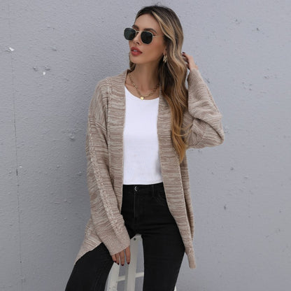 Mid-Length Striped Knit Cardigan with Open Front