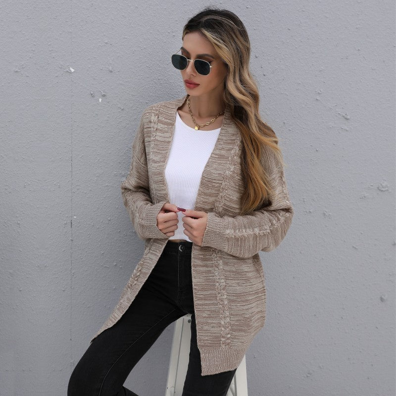 Mid-Length Striped Knit Cardigan with Open Front