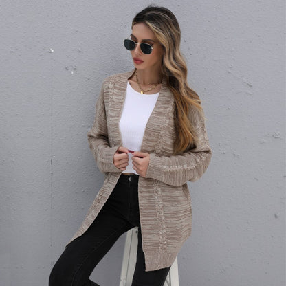 Mid-Length Striped Knit Cardigan with Open Front