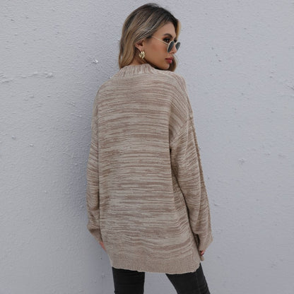 Mid-Length Striped Knit Cardigan with Open Front
