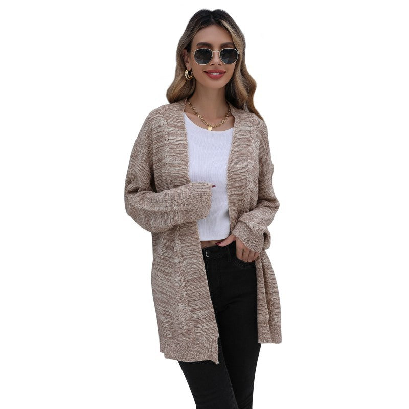 Mid-Length Striped Knit Cardigan with Open Front