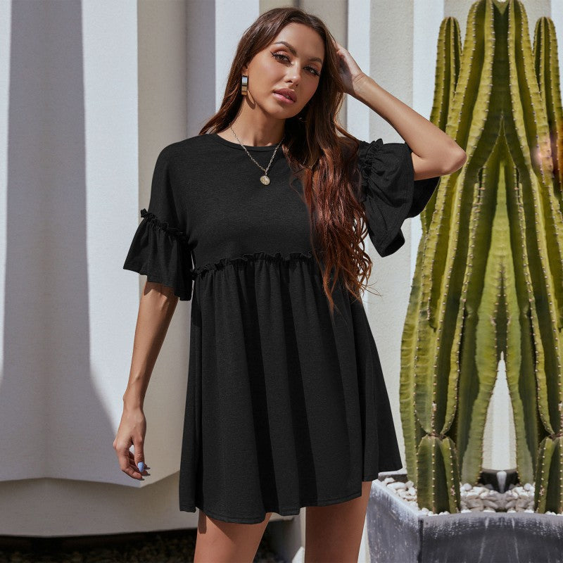 Solid Babydoll Mini Dress with Ruffle Trim and Short Sleeves