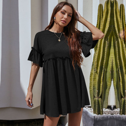 Solid Babydoll Mini Dress with Ruffle Trim and Short Sleeves
