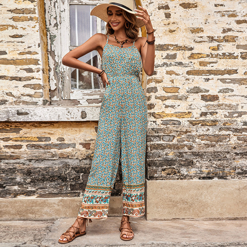 Floral Print Straight-Leg Jumpsuit with Spaghetti Straps