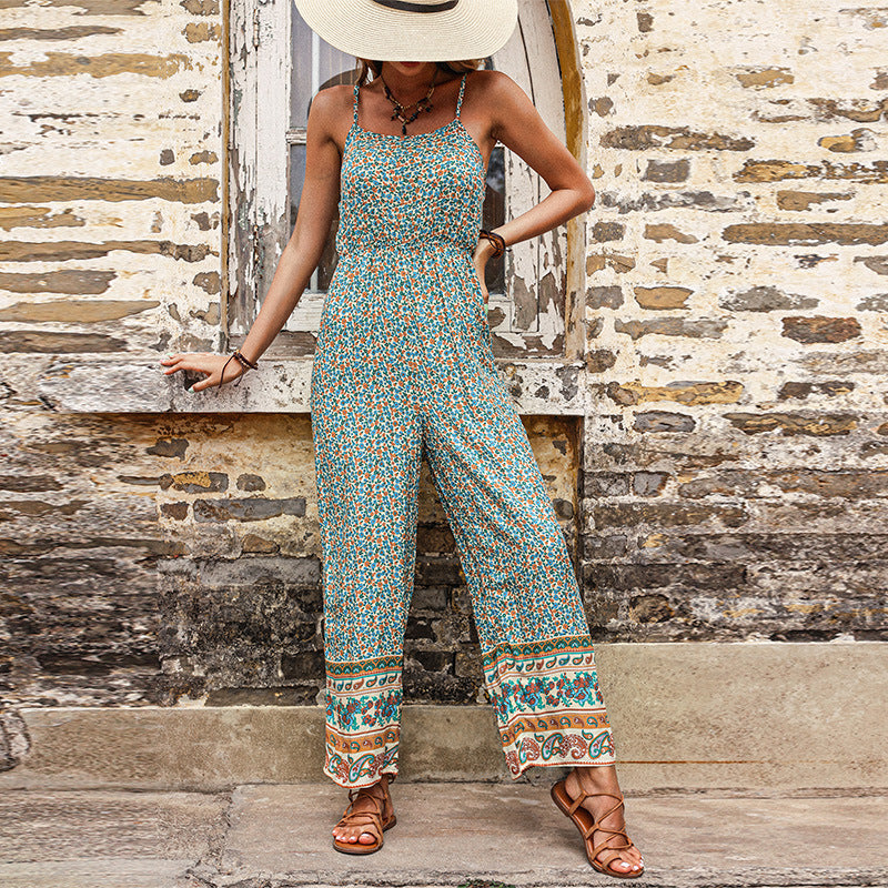 Floral Print Straight-Leg Jumpsuit with Spaghetti Straps