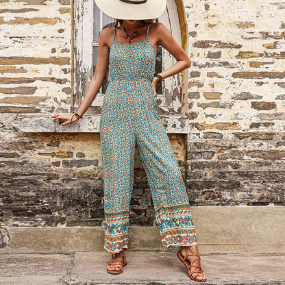 Floral Print Straight-Leg Jumpsuit with Spaghetti Straps