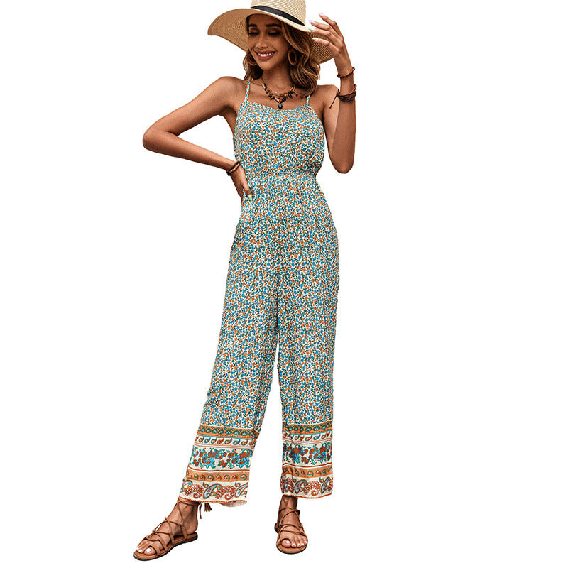 Floral Print Straight-Leg Jumpsuit with Spaghetti Straps