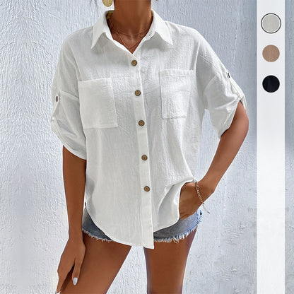 Loose Solid Shirt with Short Tab Sleeves and Chest Pockets