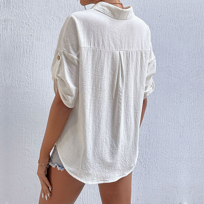 Loose Solid Shirt with Short Tab Sleeves and Chest Pockets