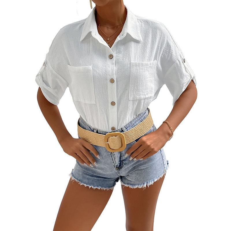 Loose Solid Shirt with Short Tab Sleeves and Chest Pockets