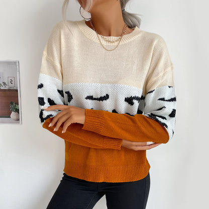 Color-Block Pullover Sweater with Leopard Print