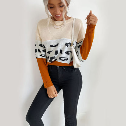 Color-Block Pullover Sweater with Leopard Print