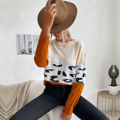 Color-Block Pullover Sweater with Leopard Print