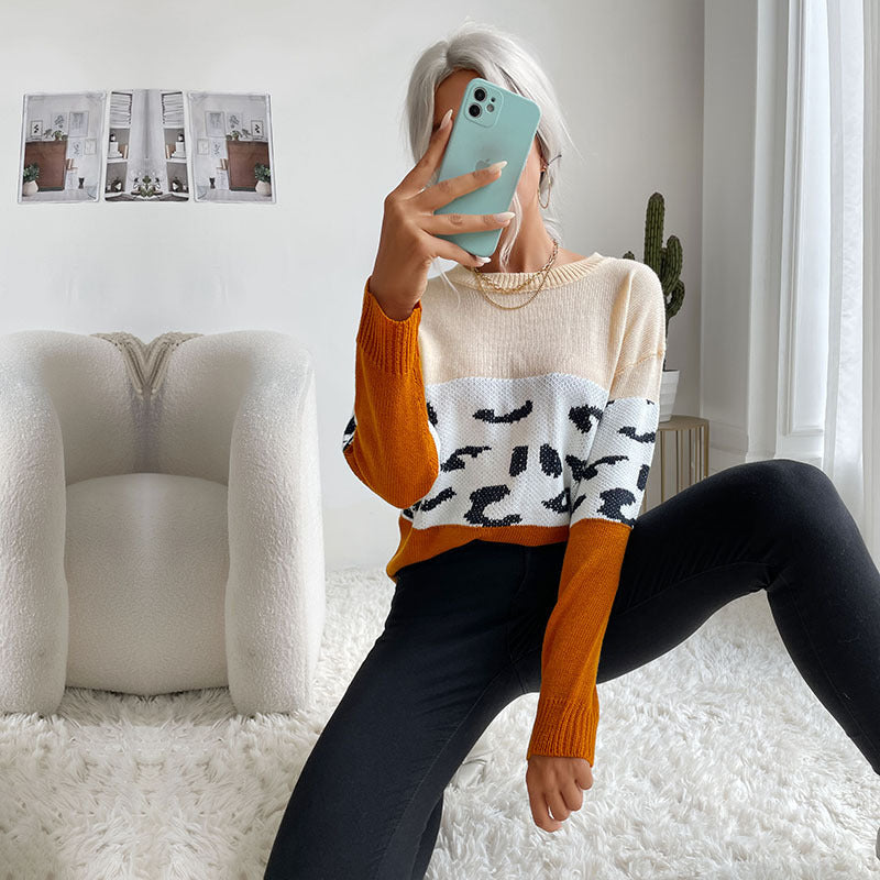 Color-Block Pullover Sweater with Leopard Print