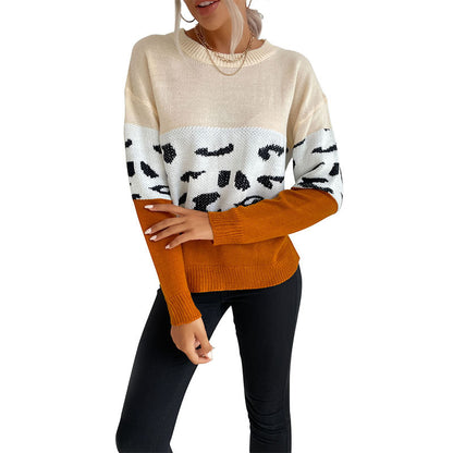 Color-Block Pullover Sweater with Leopard Print