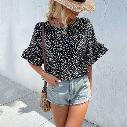 Leopard Print Crewneck Top with Ruffled Batwing Sleeves