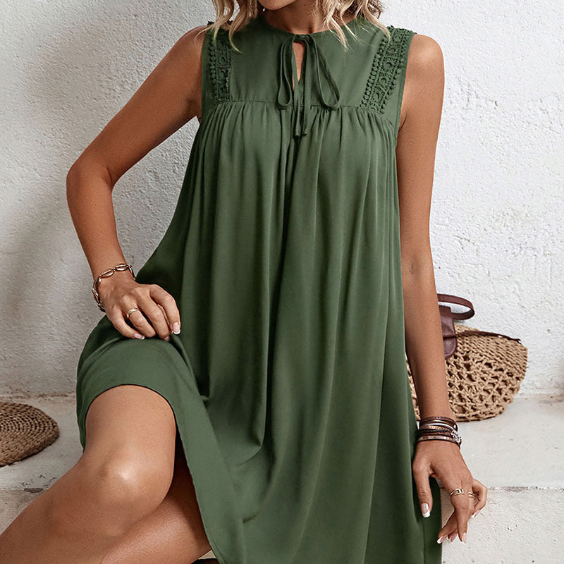 A-Line Sleeveless Dress with Tie-Up Neck and Lace Trim