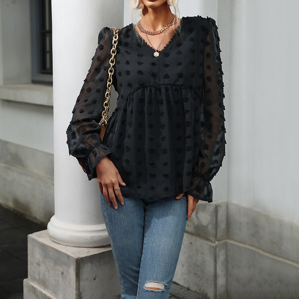 Swiss Dot Blouse with V-Neck and Babydoll Waist