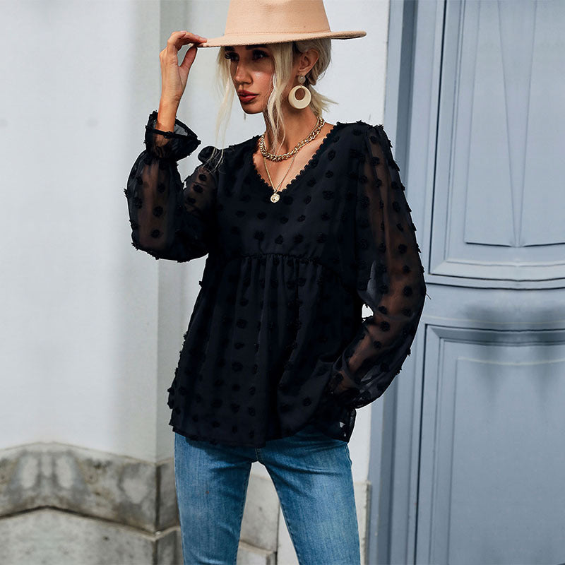 Swiss Dot Blouse with V-Neck and Babydoll Waist