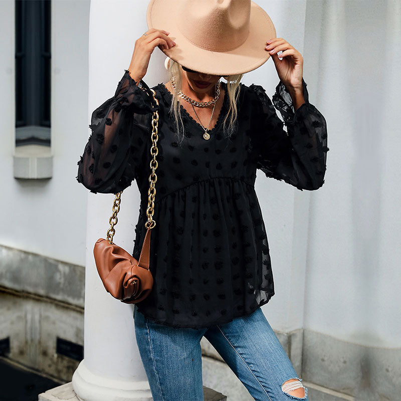 Swiss Dot Blouse with V-Neck and Babydoll Waist