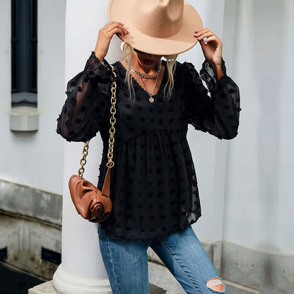 Swiss Dot Blouse with V-Neck and Babydoll Waist