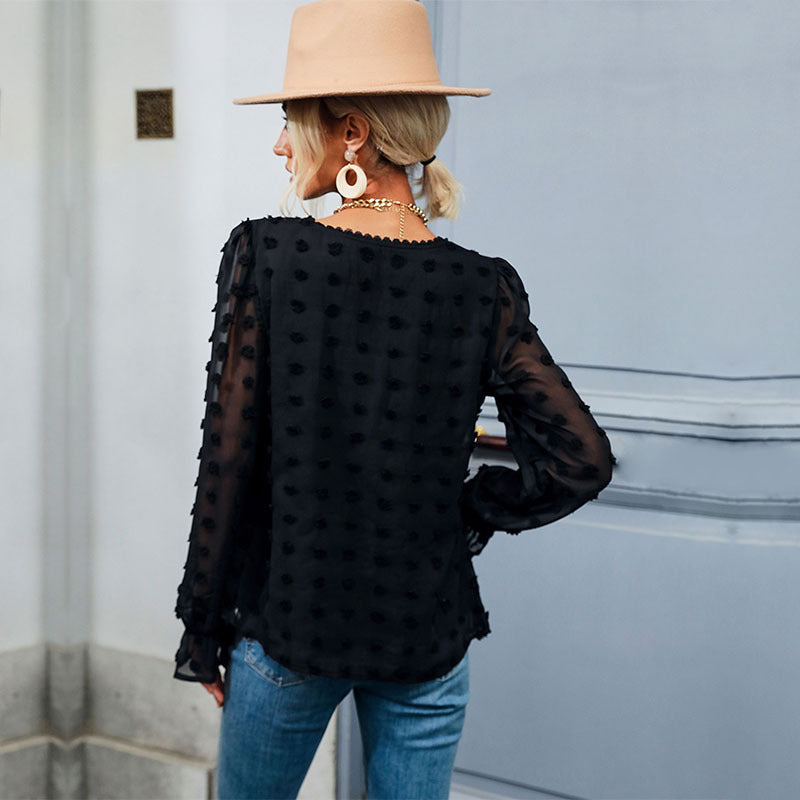 Swiss Dot Blouse with V-Neck and Babydoll Waist