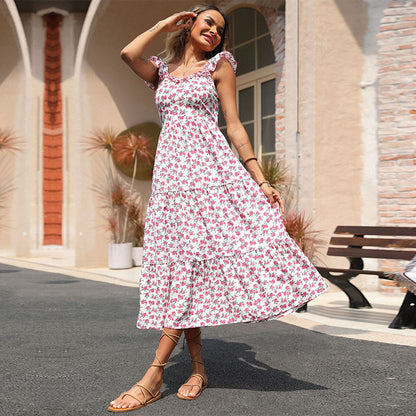 Floral Tiered Midi Dress with Ruffle Straps and Backless Detail
