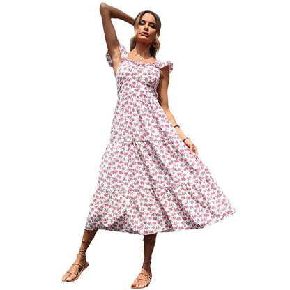 Floral Tiered Midi Dress with Ruffle Straps and Backless Detail