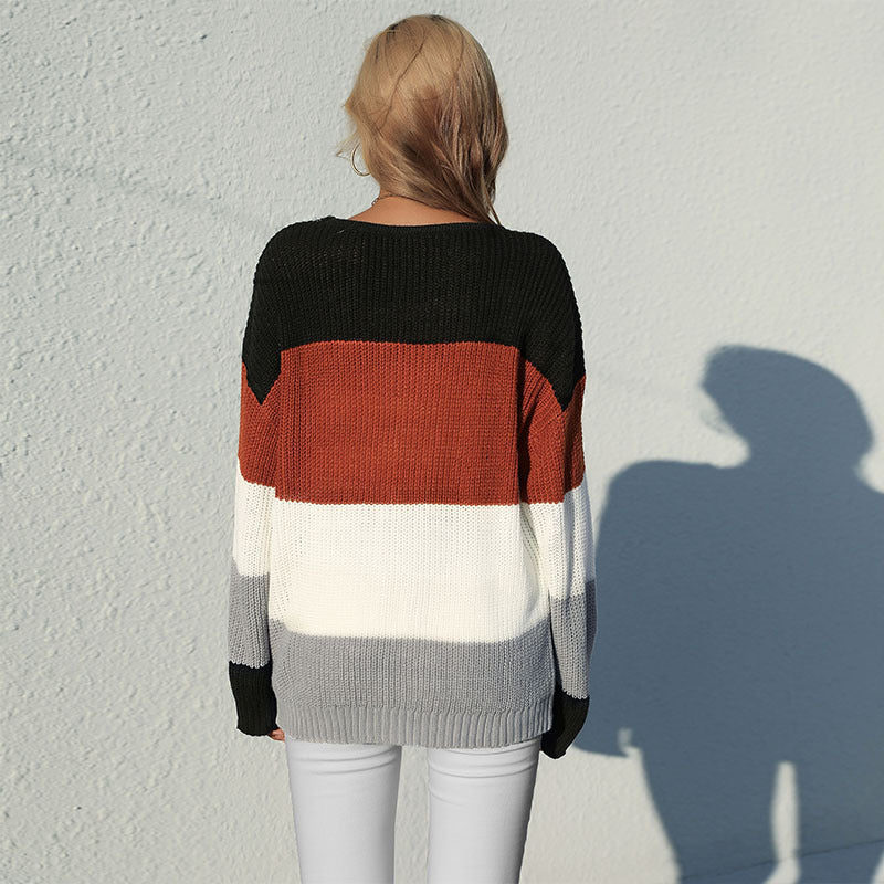 Mid-Length Color-Block Knit Sweater with Crewneck