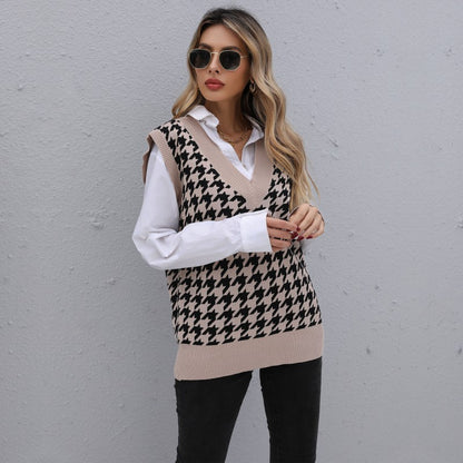 Loose Fit Houndstooth Sweater Vest with V-Neck