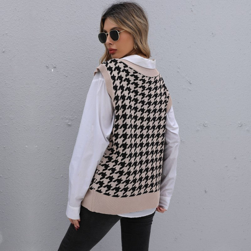 Loose Fit Houndstooth Sweater Vest with V-Neck