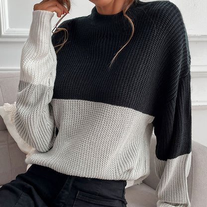 Relaxed Color-Blocked Knit Sweater with Mock Neck