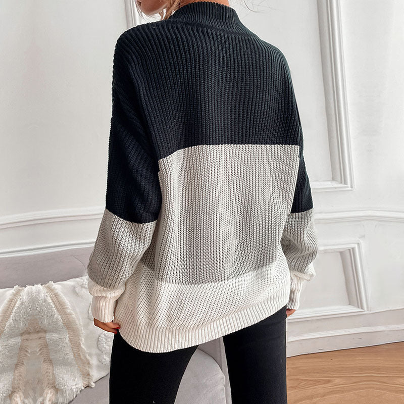 Relaxed Color-Blocked Knit Sweater with Mock Neck