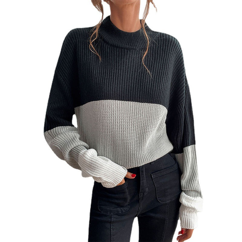 Relaxed Color-Blocked Knit Sweater with Mock Neck