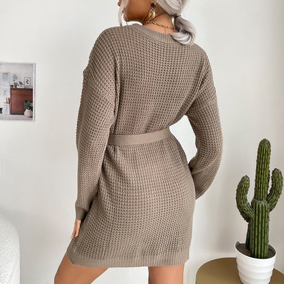 Loose Waffle Knit Mini Sweater Dress with Self-Tie Waist