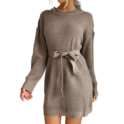 Loose Waffle Knit Mini Sweater Dress with Self-Tie Waist