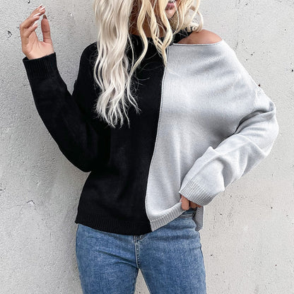 Color-Blocked Pullover Sweater with One-Shoulder Cut-Out
