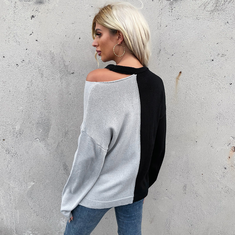 Color-Blocked Pullover Sweater with One-Shoulder Cut-Out