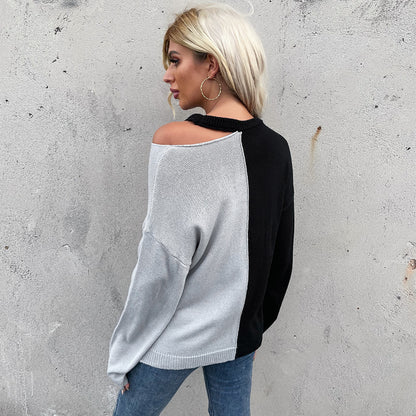 Color-Blocked Pullover Sweater with One-Shoulder Cut-Out