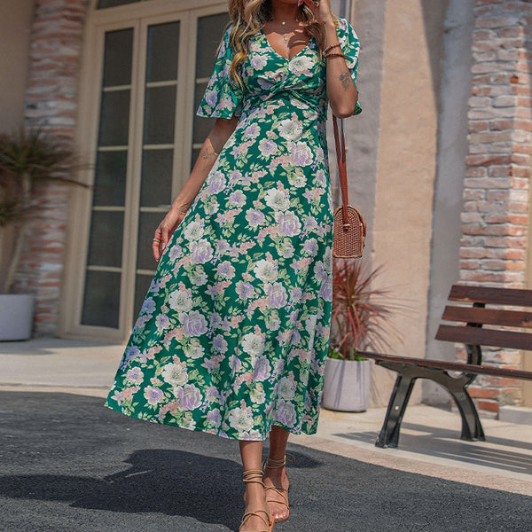 Floral Print A-Line Midi Dress with V-Neck and Short Sleeves